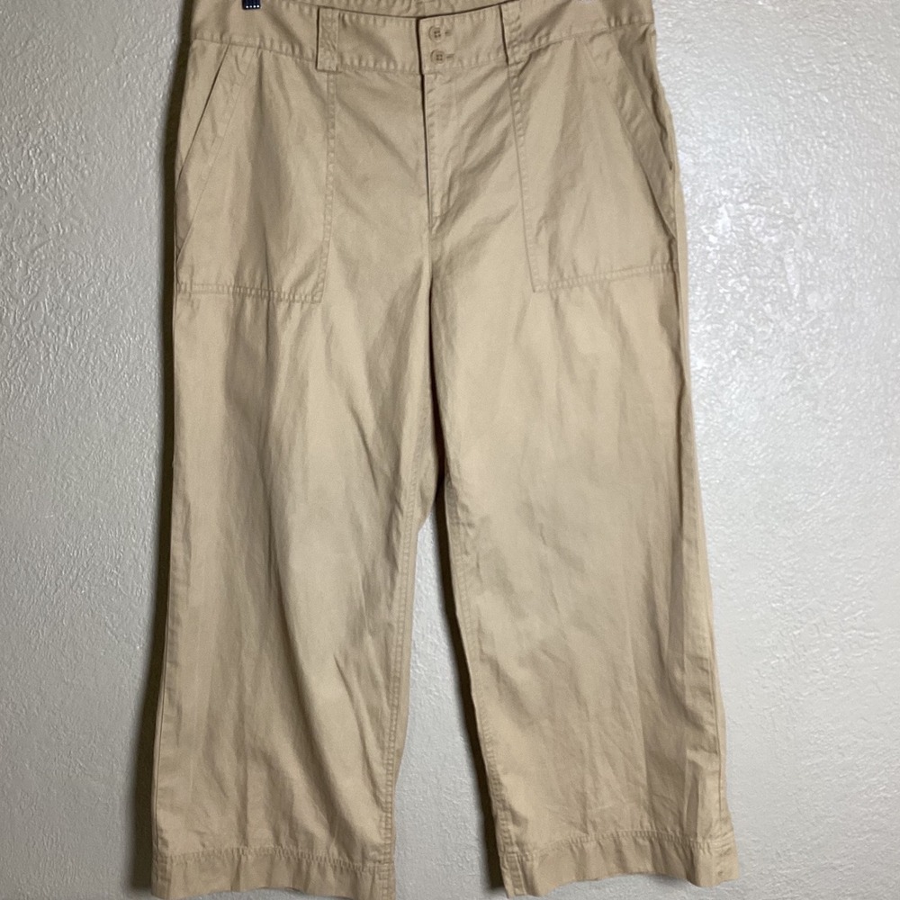 Lauren Ralph Lauren Khaki Wide Leg Crop Pants Tan 100% Cotton Trousers Size 12